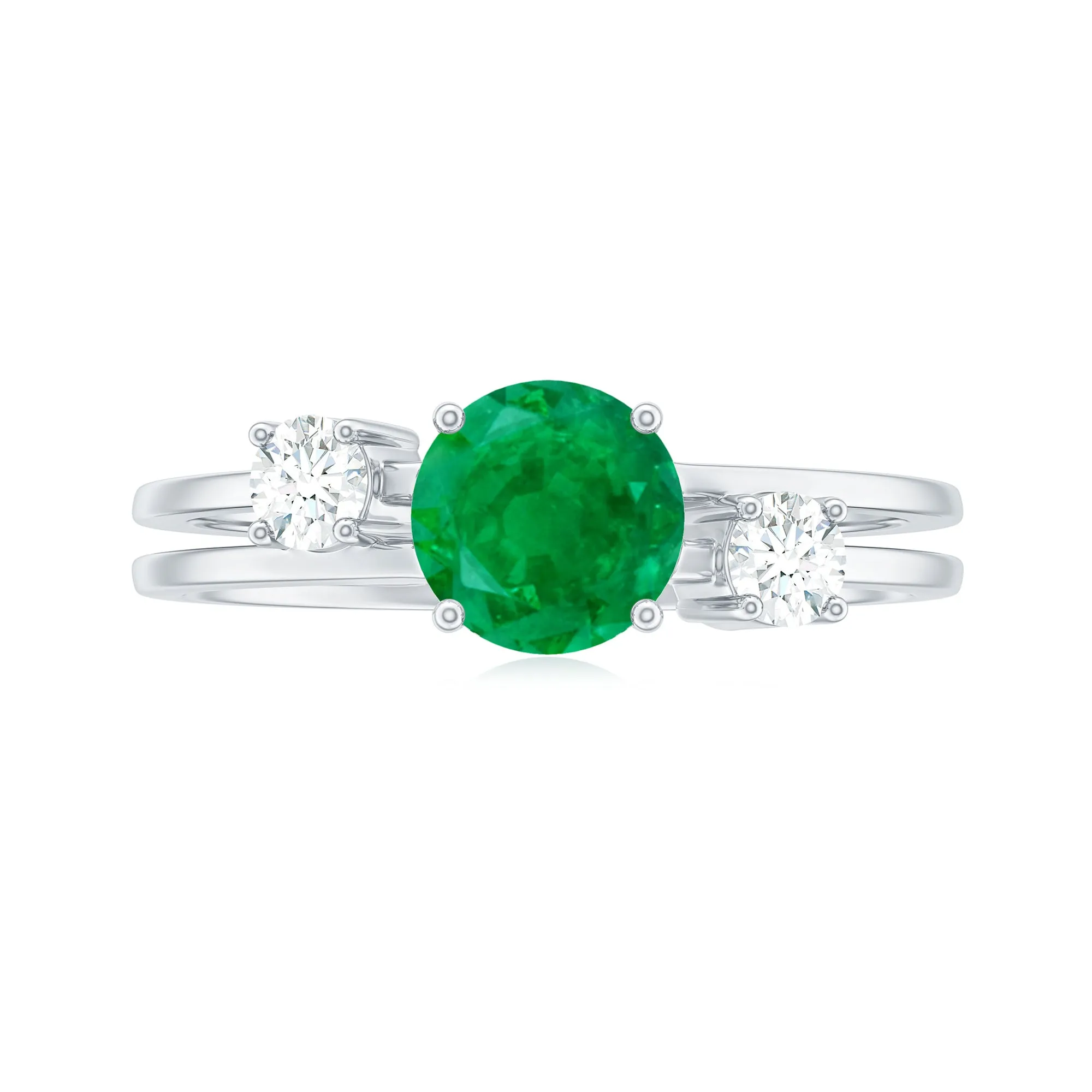 1 CT Solitaire Emerald Double Band Engagement Ring with Diamond