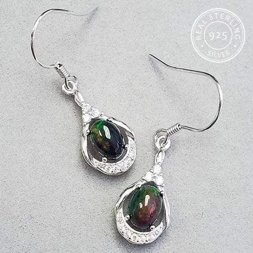 1.20 CT GENUINE ETHIOPIAN BLACK OPAL & CREATED WHITE TOPAZ 925 STERLING SILVER DANGLE EARRINGS