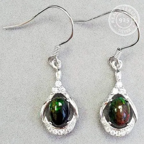 1.20 CT GENUINE ETHIOPIAN BLACK OPAL & CREATED WHITE TOPAZ 925 STERLING SILVER DANGLE EARRINGS