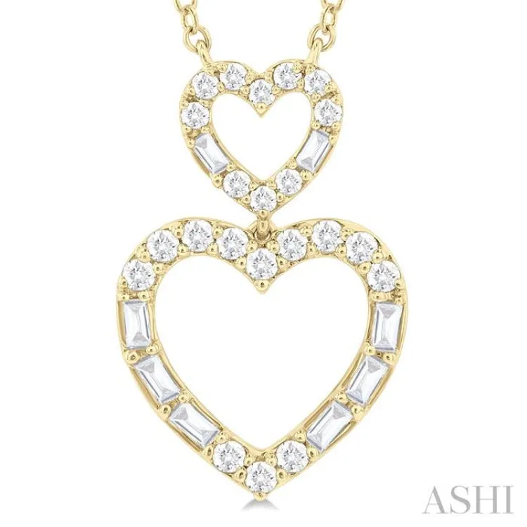 1/3 ctw Twin Heart Fusion Baguette and Round Cut Diamond Necklace in 10K Yellow Gold