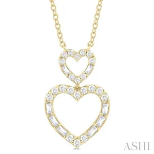 1/3 ctw Twin Heart Fusion Baguette and Round Cut Diamond Necklace in 10K Yellow Gold