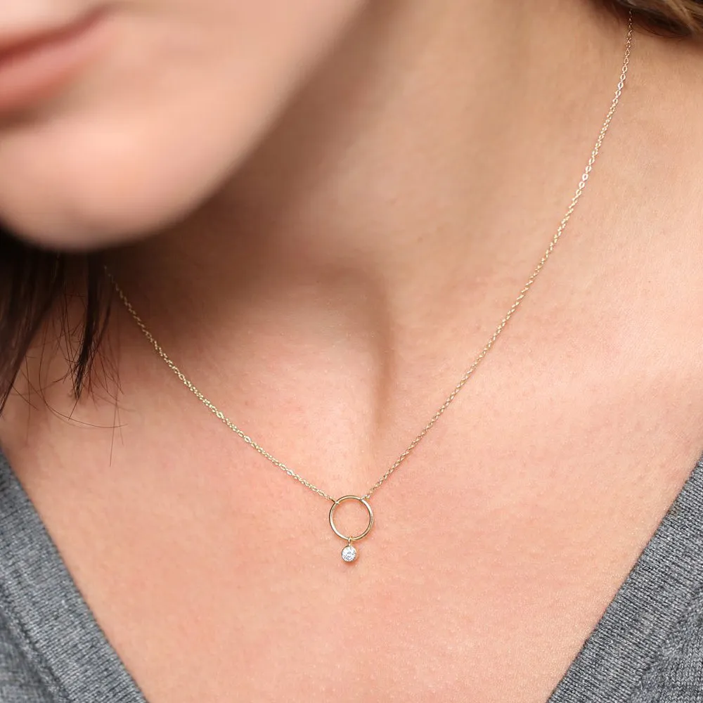 14K Circle Necklace with Bezel Set Diamond