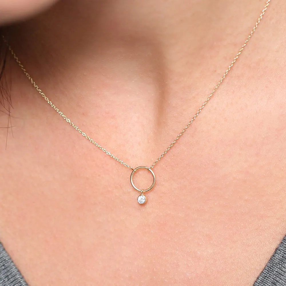 14K Circle Necklace with Bezel Set Diamond