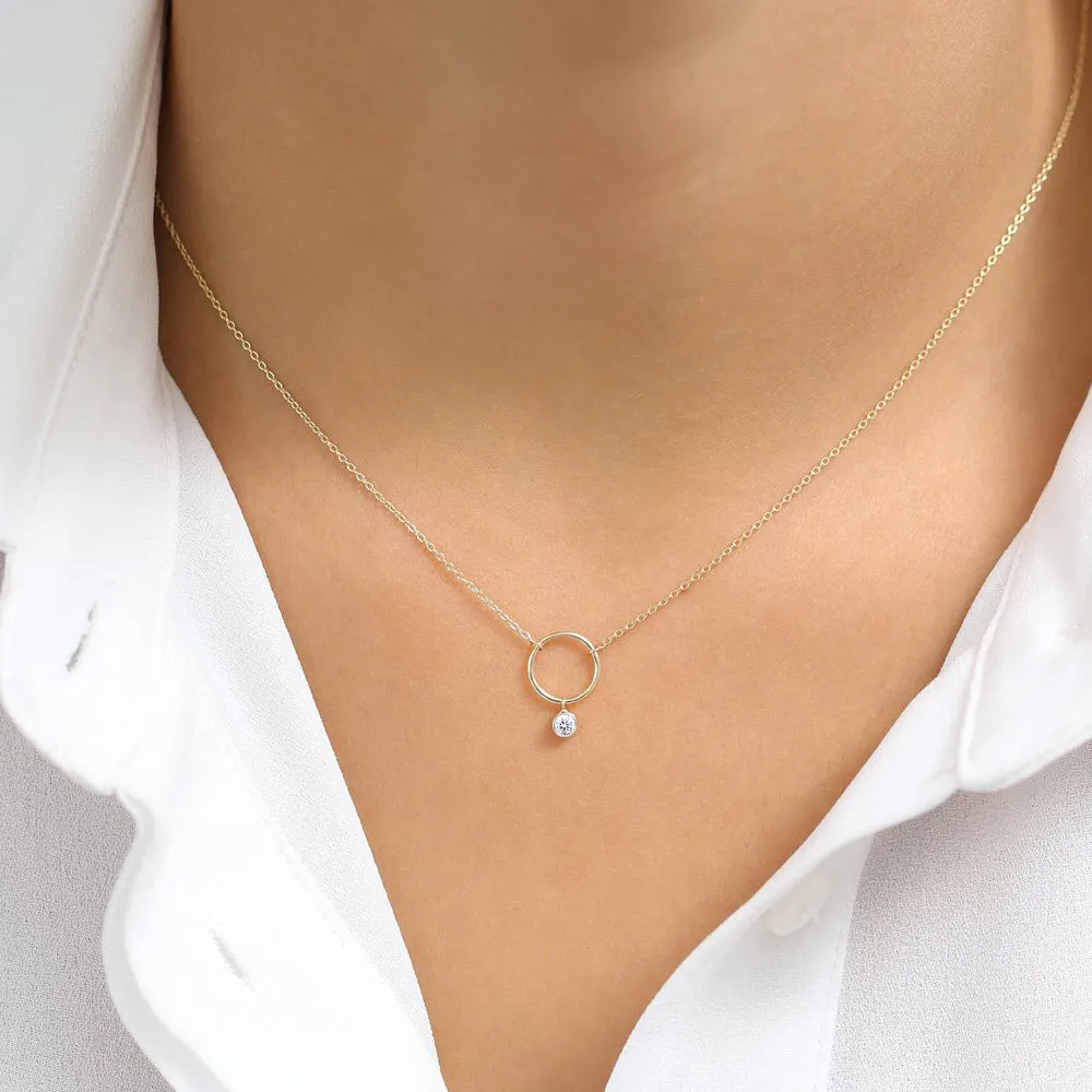 14K Circle Necklace with Bezel Set Diamond