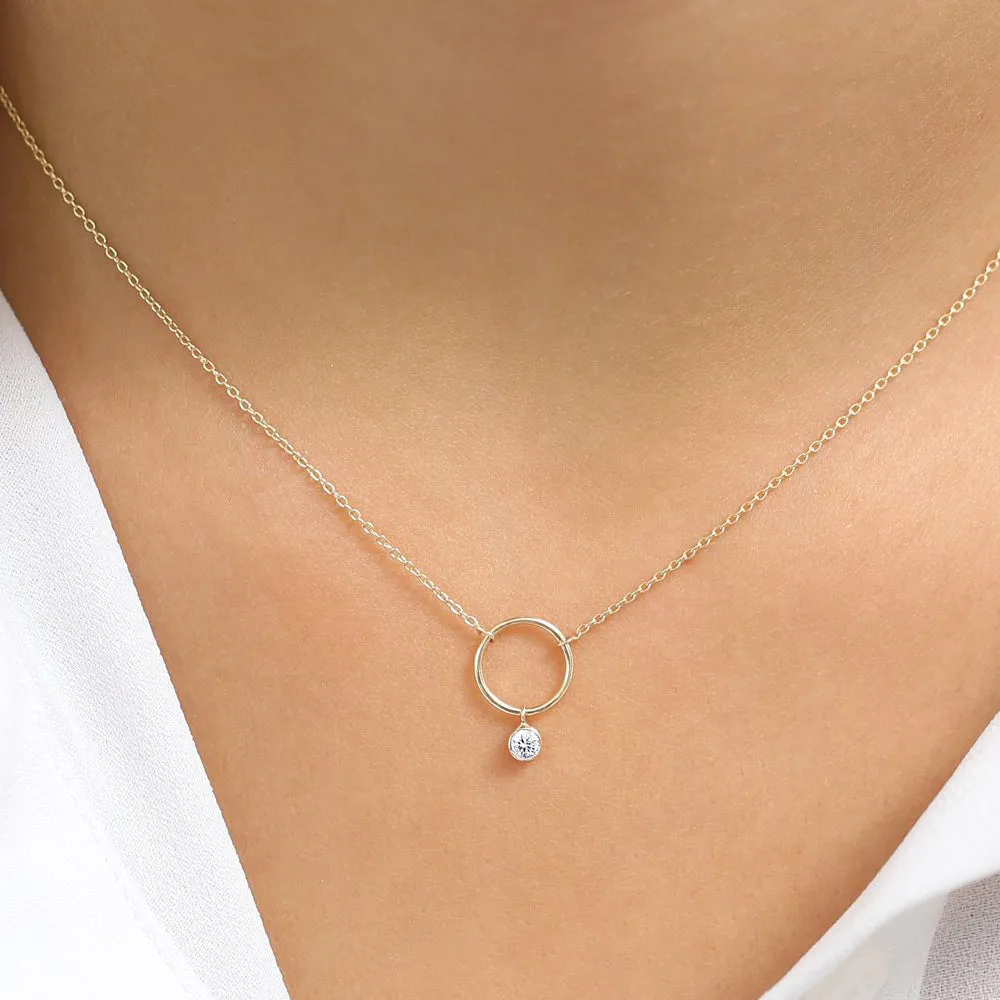 14K Circle Necklace with Bezel Set Diamond