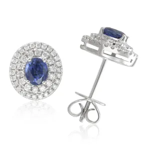 14k Gold Blue Sapphire & Diamond Oval Stud Earrings