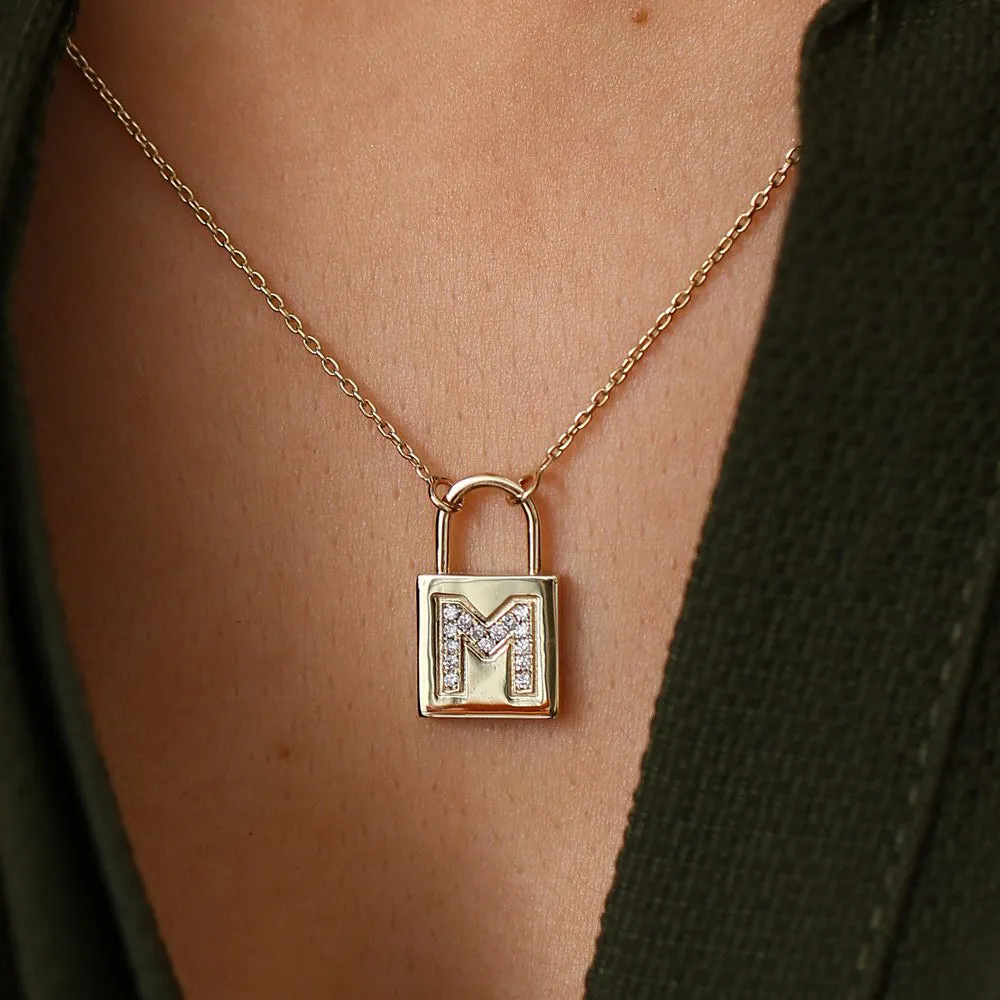 14K Gold Padlock Initial Necklace