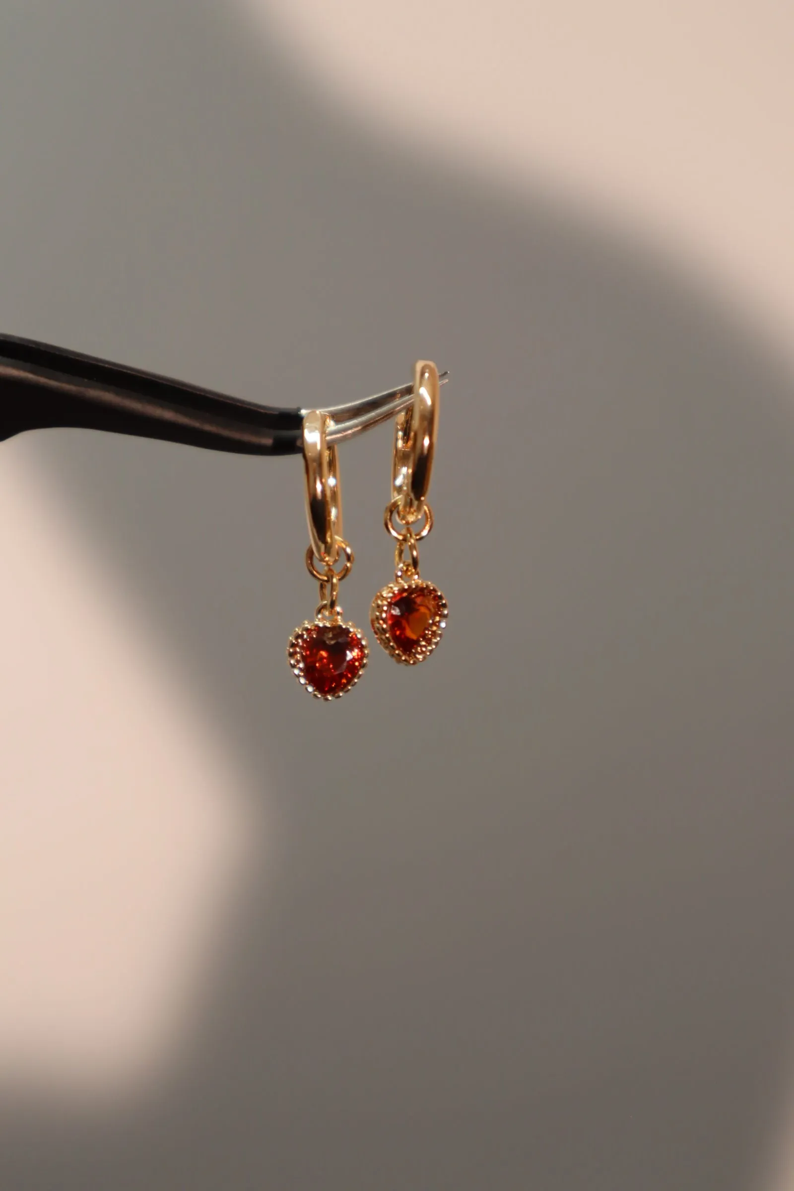 14K Real Gold Plated Red Gem Heart Earrings