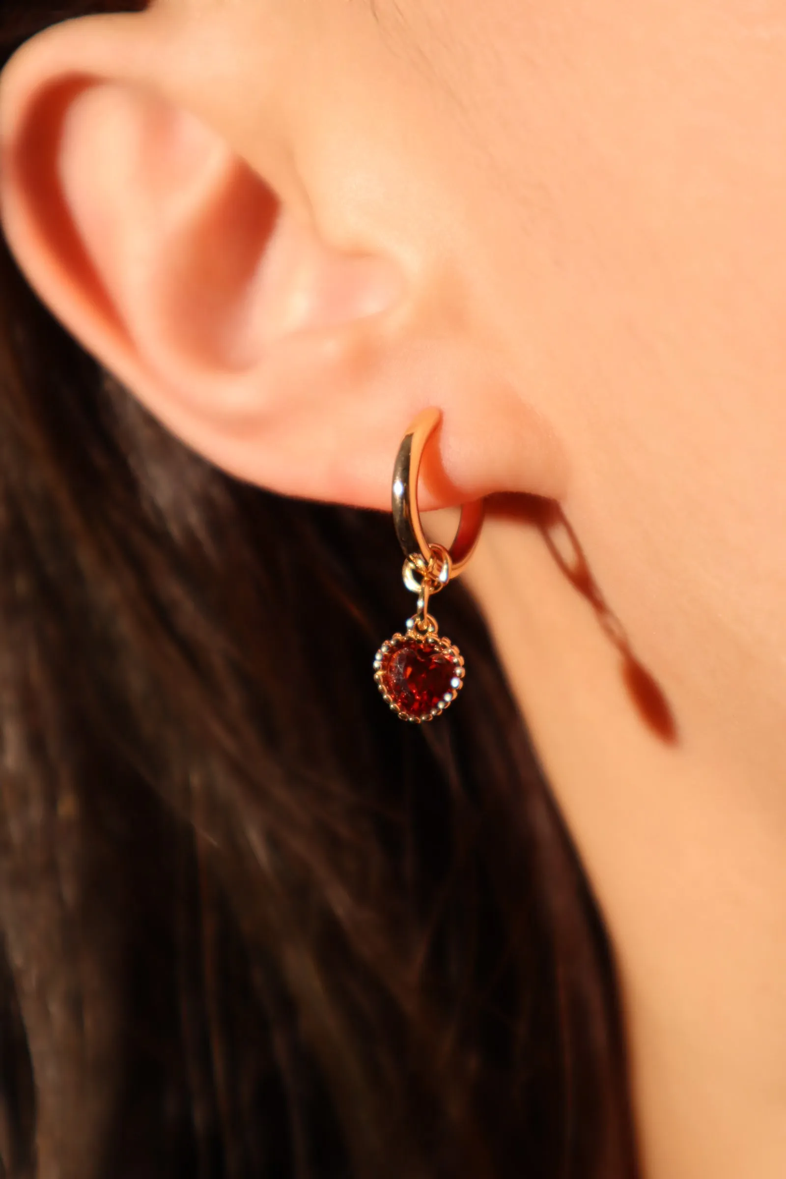 14K Real Gold Plated Red Gem Heart Earrings