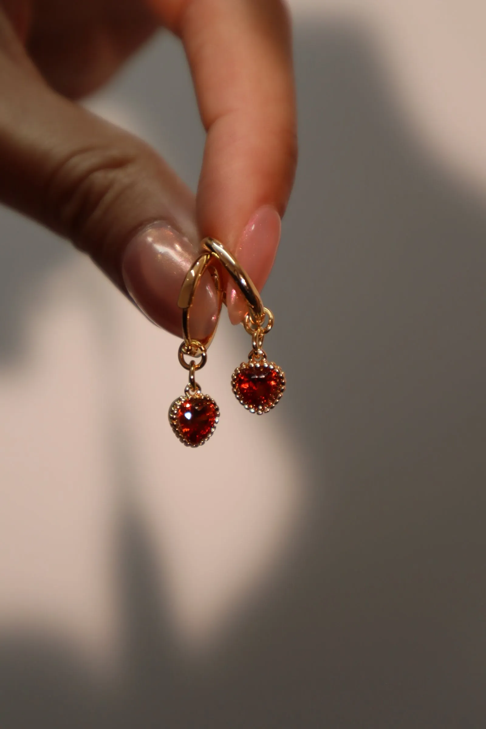 14K Real Gold Plated Red Gem Heart Earrings