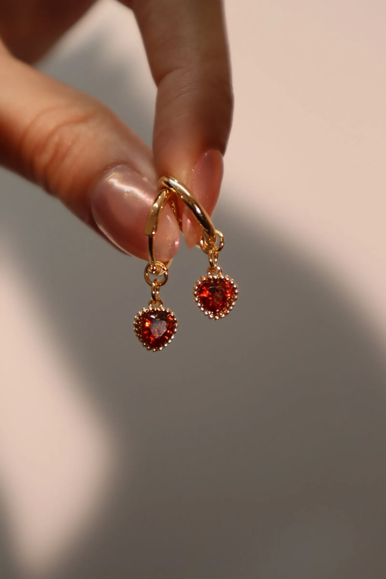 14K Real Gold Plated Red Gem Heart Earrings