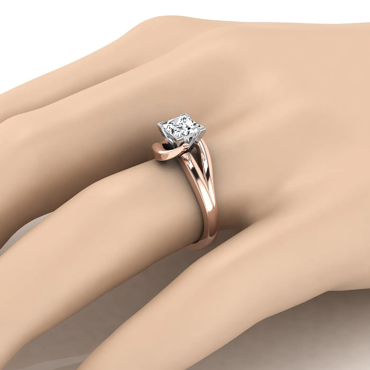 14K Rose Gold Princess Cut  Asymetical Bypass Solitaire Twist Engagement Ring