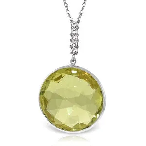 14K Solid White Gold Necklace w/ Diamonds & Checkerboard Cut Lemon Quartz