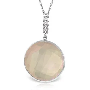 14K Solid White Gold Necklace w/ Diamonds & Checkerboard Cut Rose Quartz