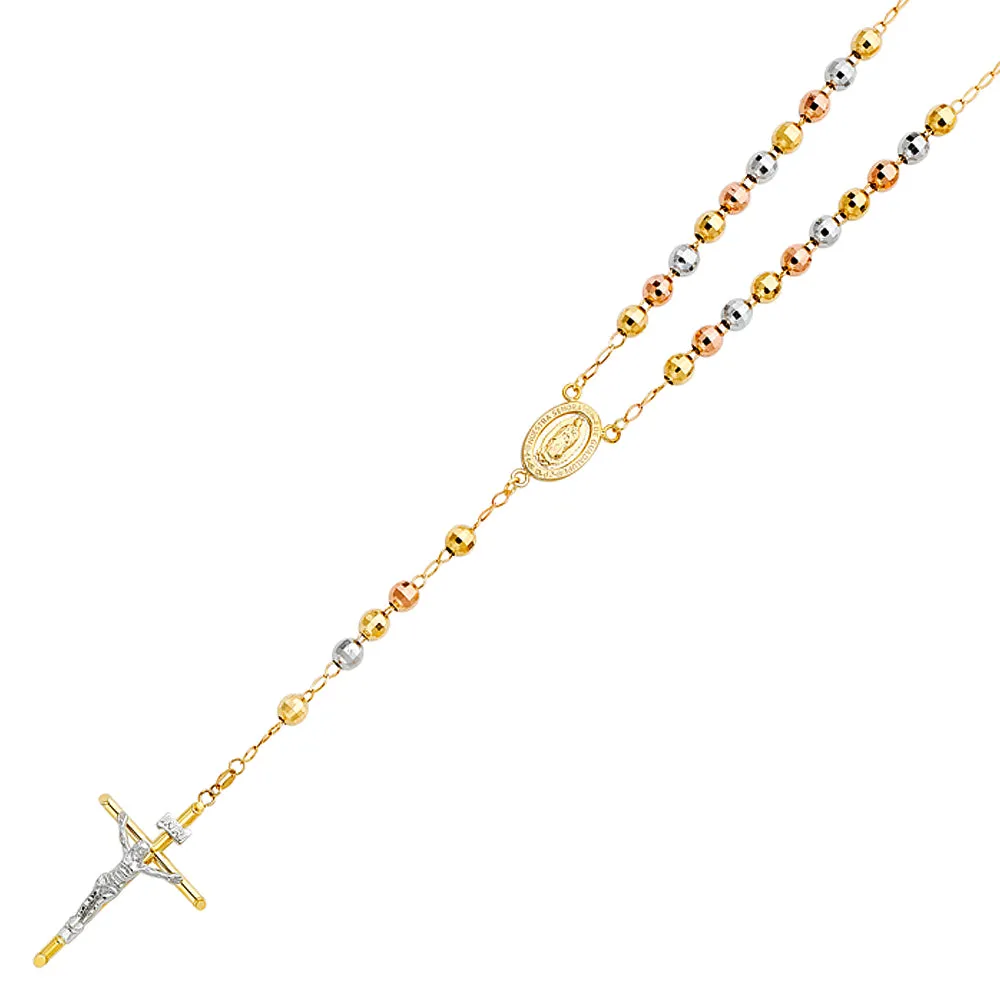 14K THREE COLORED GOLD 6MM BALL ROSARY NECKLACE