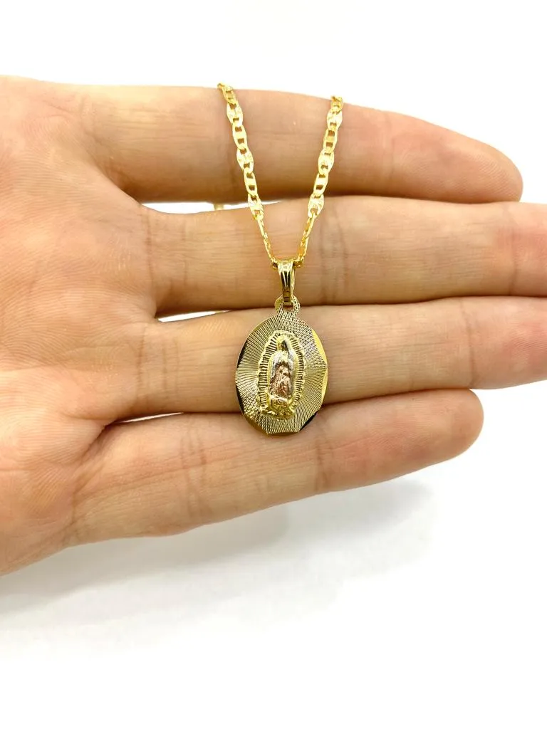 14K Tri Color Gold Filled Virgen de Guadalupe Necklace Charm Religious Jewelry Unisex 22x14mm