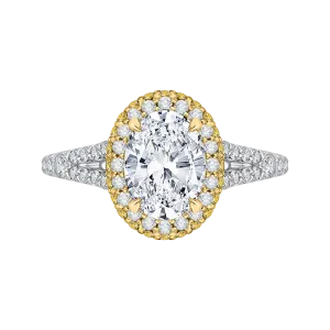 14K Two Tone Gold Oval Diamond Halo Engagement Ring with Split Shank (Semi Mount)