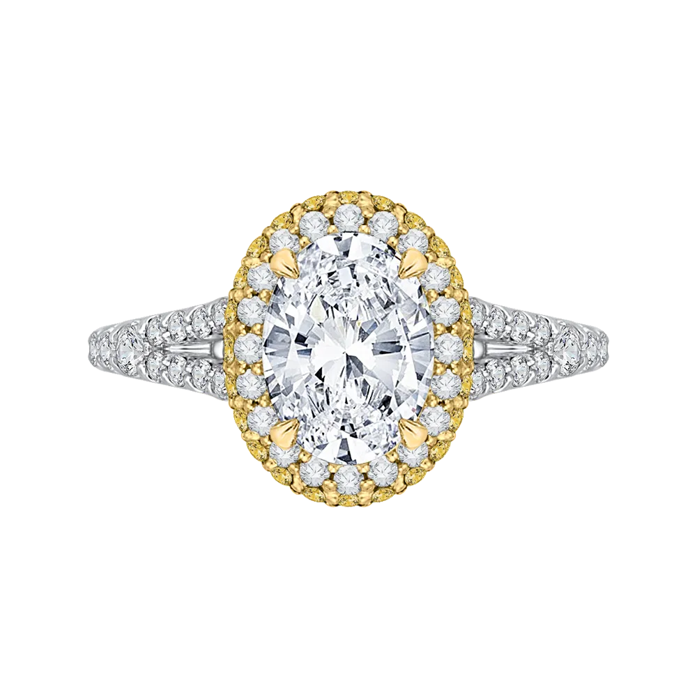 14K Two Tone Gold Oval Diamond Halo Engagement Ring with Split Shank (Semi Mount)