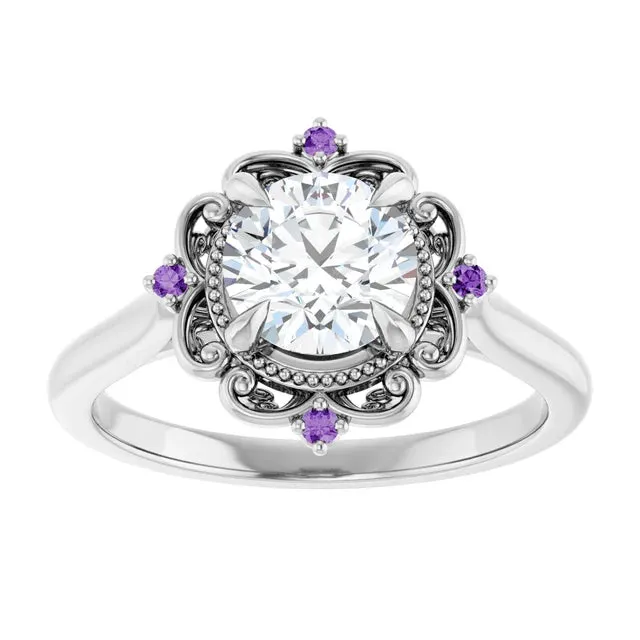 14K White Gold 1 CT Round Lab-Grown Diamond and Purple Sapphire Floral Engagement Ring