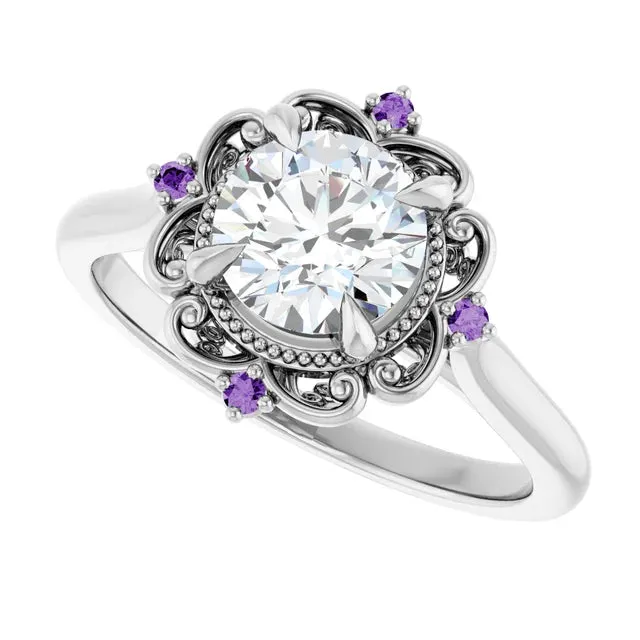 14K White Gold 1 CT Round Lab-Grown Diamond and Purple Sapphire Floral Engagement Ring