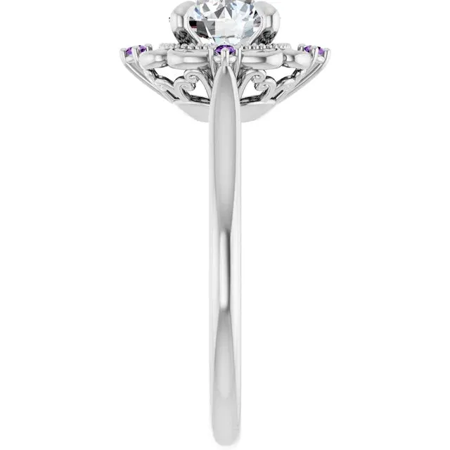 14K White Gold 1 CT Round Lab-Grown Diamond and Purple Sapphire Floral Engagement Ring