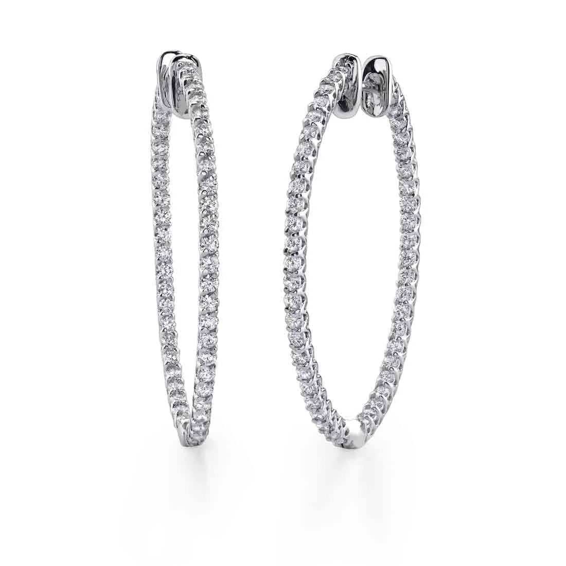 14K White Gold Oval Diamond Hoop Earrings