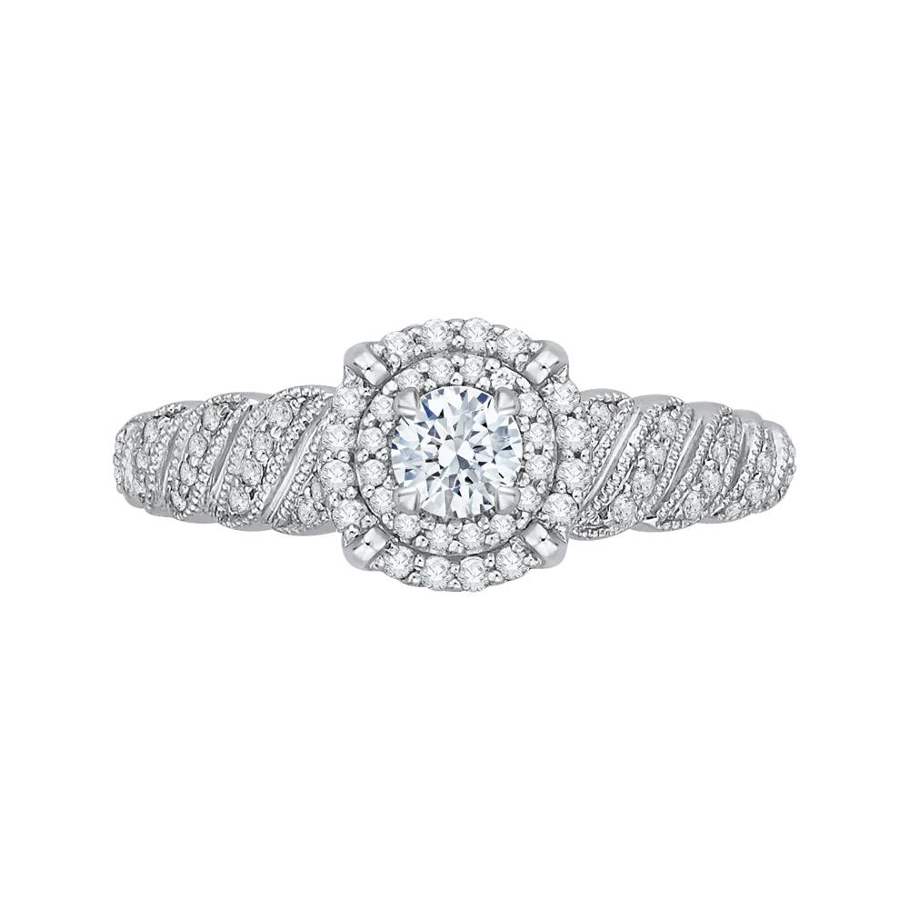 14K White Gold Round Diamond Double Halo Floral Engagement Ring