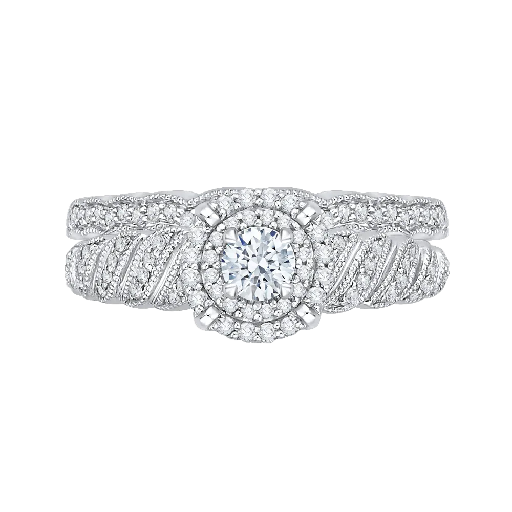 14K White Gold Round Diamond Double Halo Floral Engagement Ring