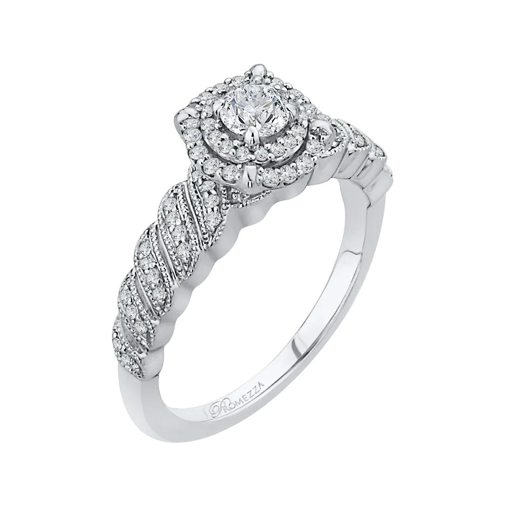 14K White Gold Round Diamond Double Halo Floral Engagement Ring