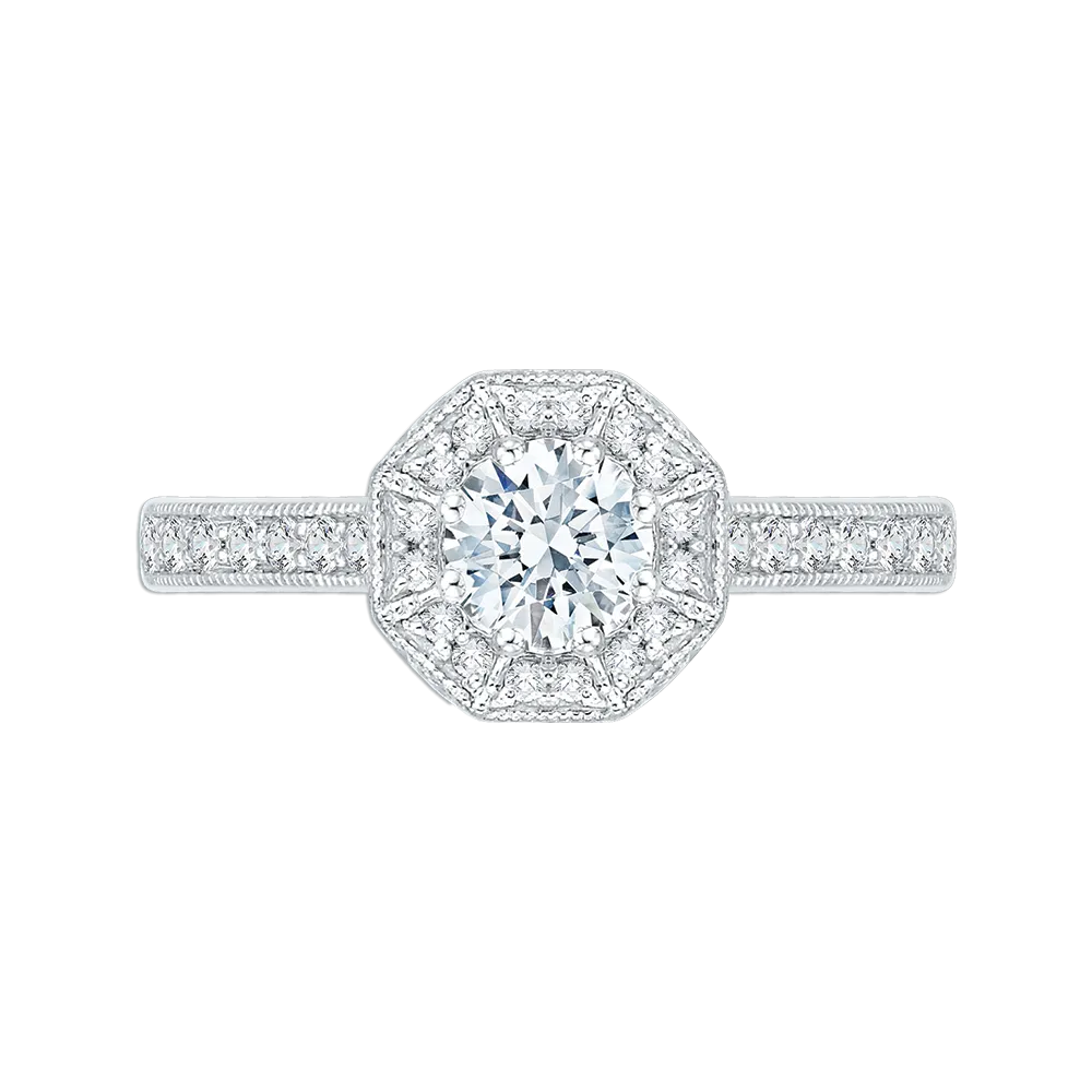 14K White Gold Round Diamond Octagon Shape Halo Engagement Ring