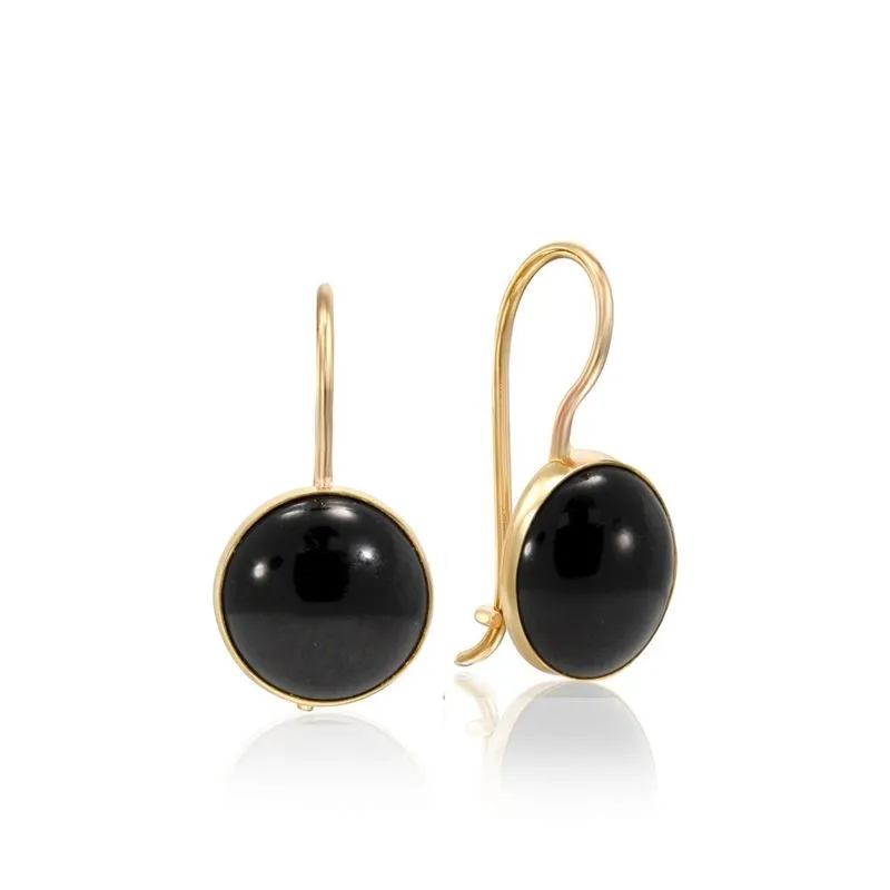 14K Yellow Gold Round Black Onyx 8mm Dangle Earrings