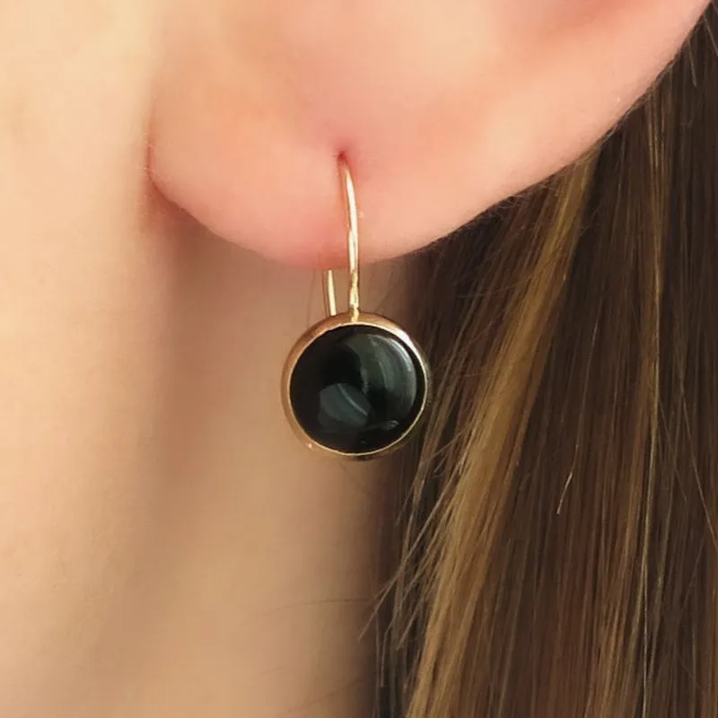 14K Yellow Gold Round Black Onyx 8mm Dangle Earrings