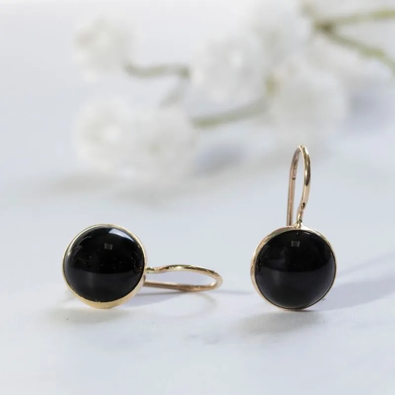 14K Yellow Gold Round Black Onyx 8mm Dangle Earrings