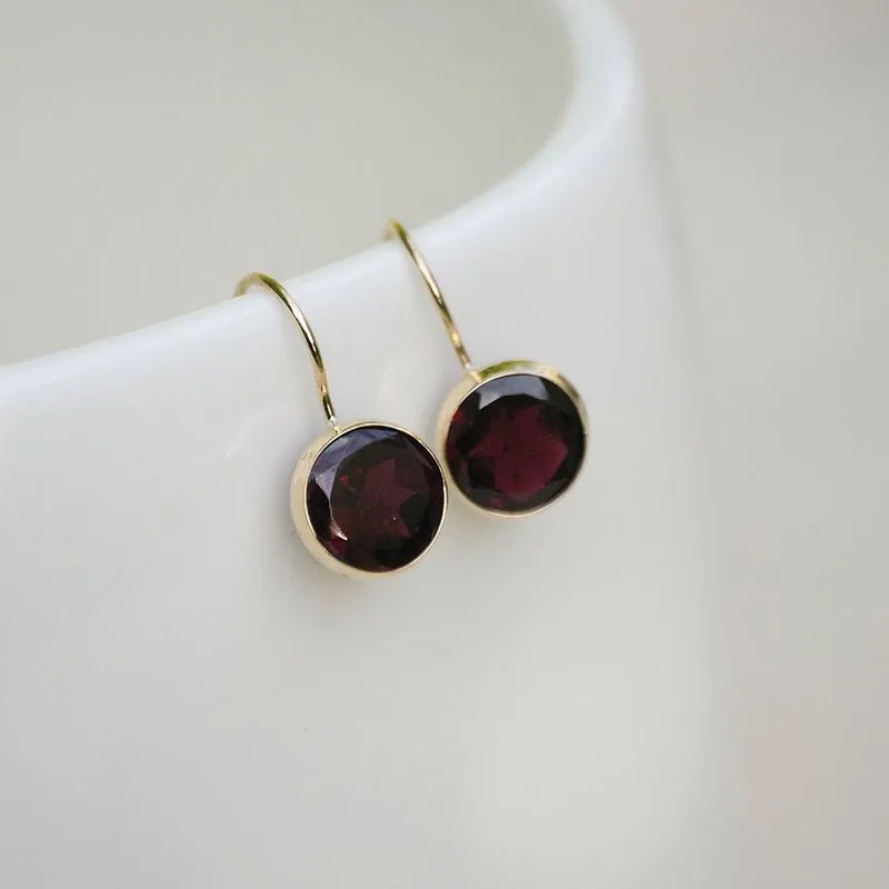 14K Yellow Gold Round Red Garnet 8mm Dangle Earrings