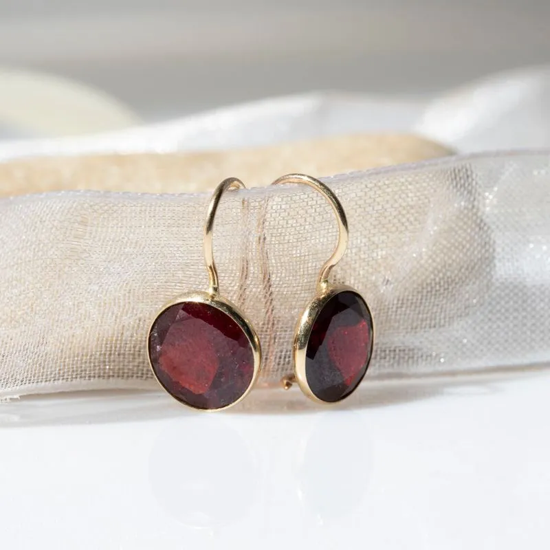 14K Yellow Gold Round Red Garnet 8mm Dangle Earrings