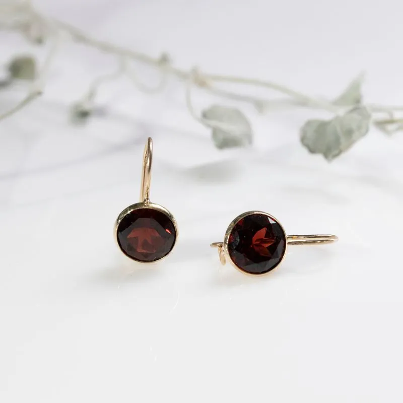 14K Yellow Gold Round Red Garnet 8mm Dangle Earrings