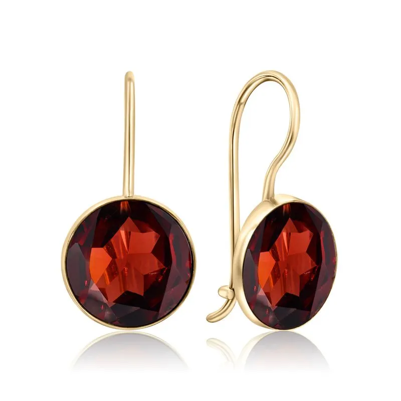 14K Yellow Gold Round Red Garnet 8mm Dangle Earrings