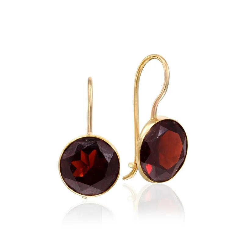 14K Yellow Gold Round Red Garnet 8mm Dangle Earrings