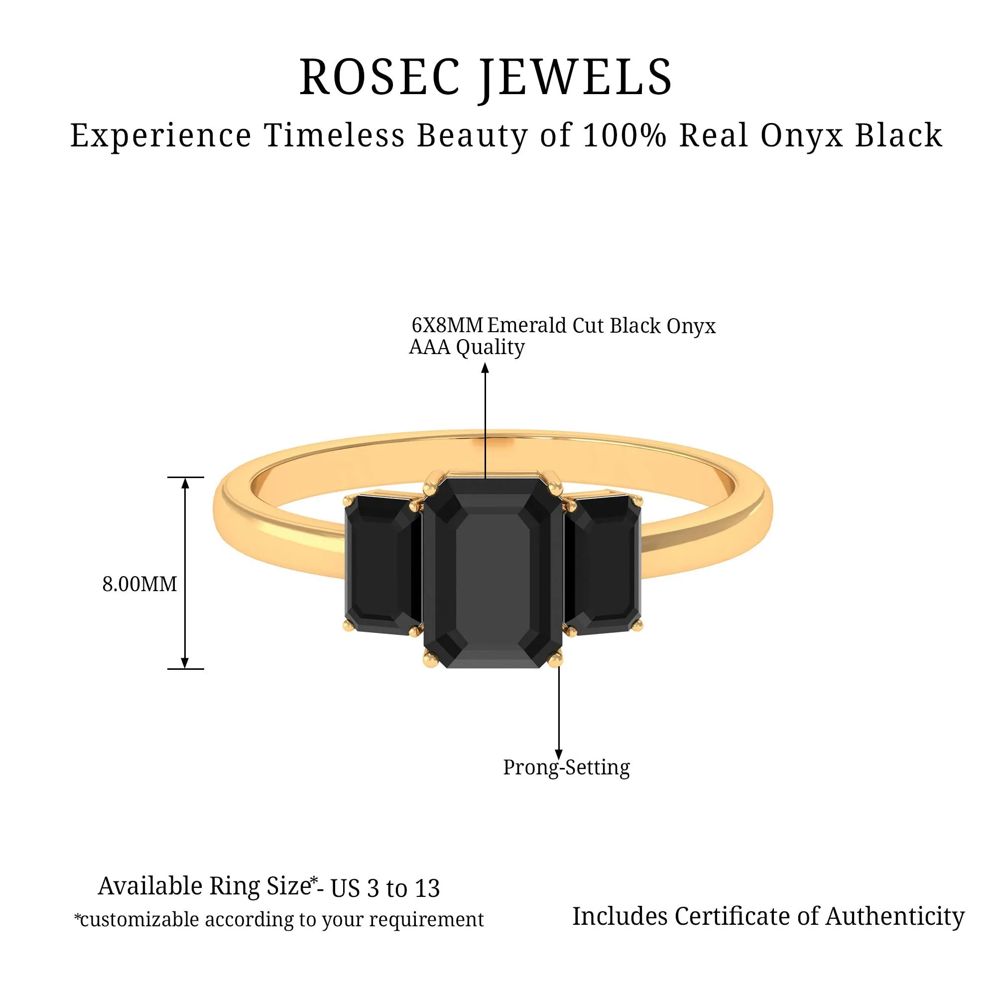 1.75 Ct Octagon Black Onyx Three Stone Engagement Ring Gold