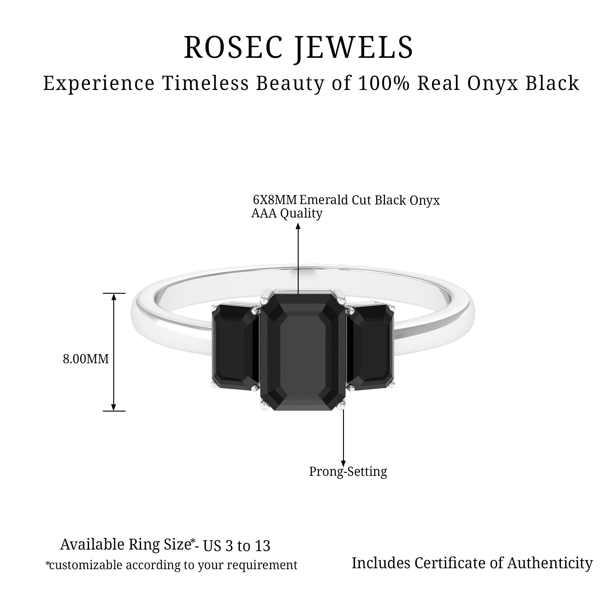 1.75 Ct Octagon Black Onyx Three Stone Engagement Ring Gold