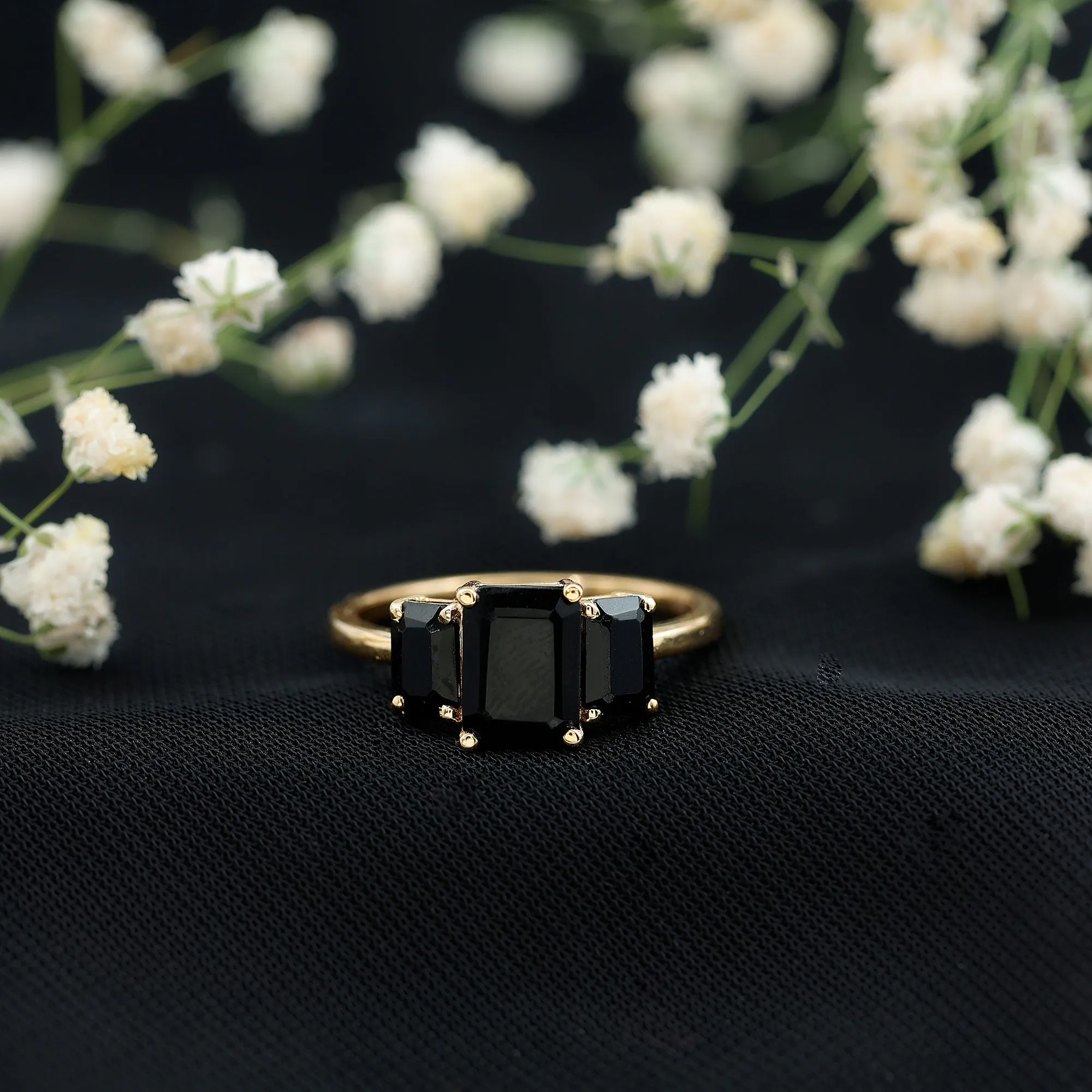 1.75 Ct Octagon Black Onyx Three Stone Engagement Ring Gold