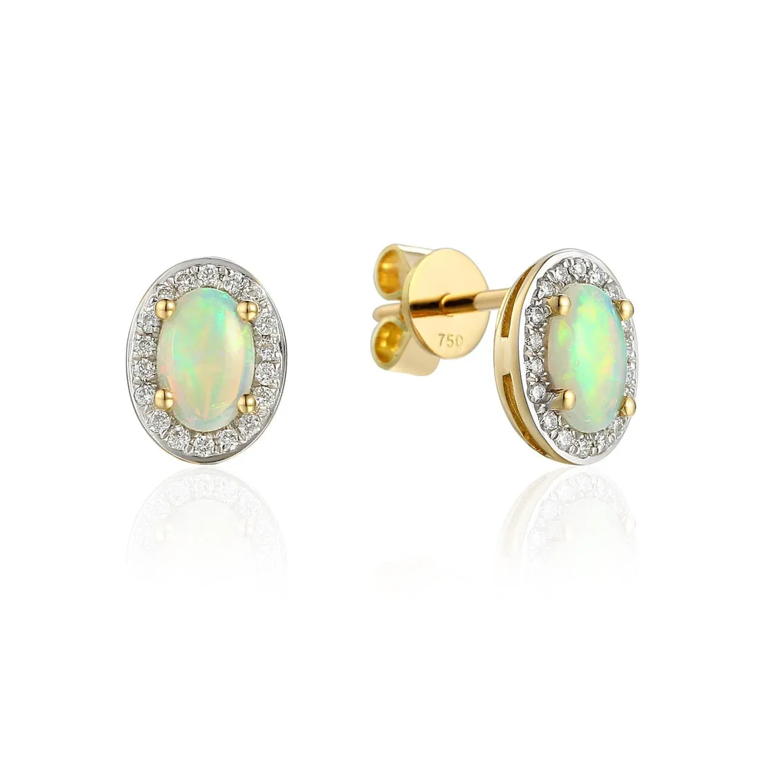 18ct Gold yellow gold oval opal and diamond halo claw set cluster stud earrings