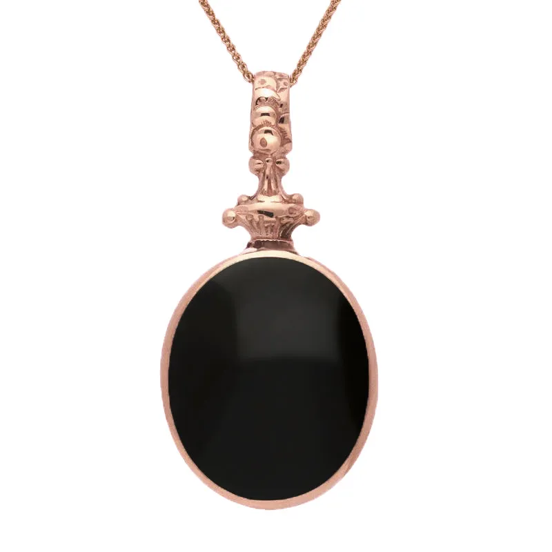 18ct Rose Gold Whitby Jet Turquoise Double Sided Oval Fob Necklace