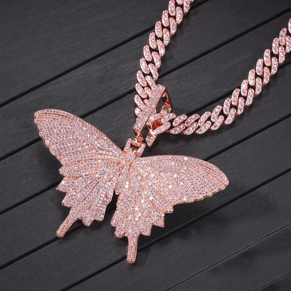 18K Gold Plated Chunky Chain Necklace Womens Bling Iced Out 3D Butterfly Necklace