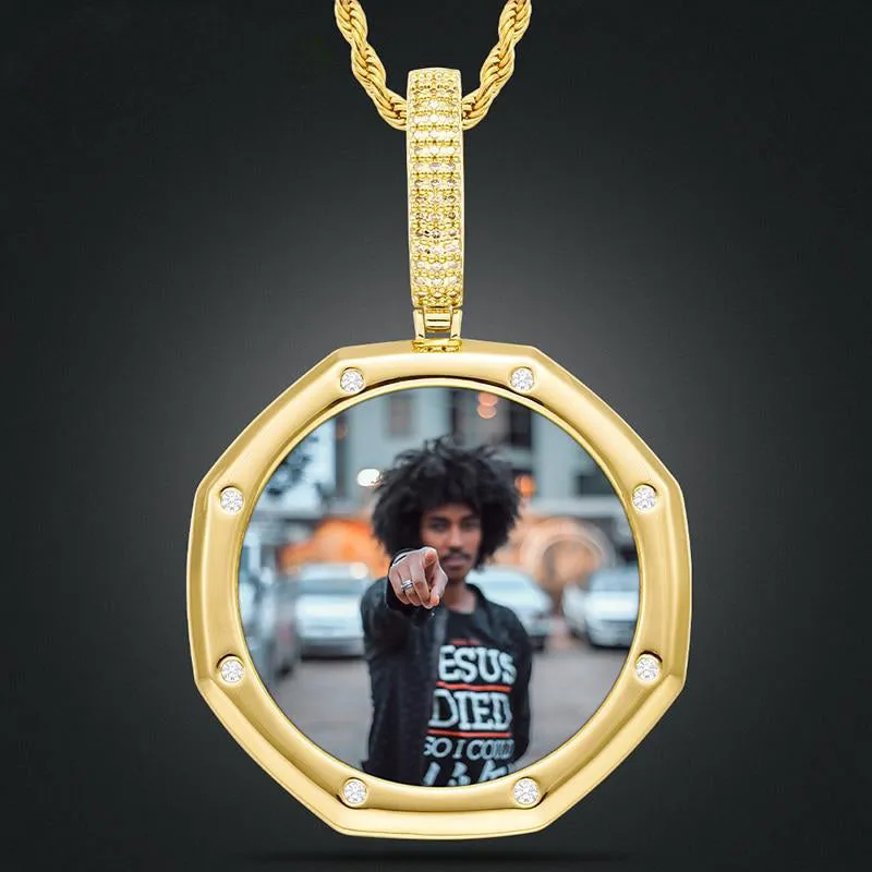 18K Plated Gold Pendant Custom Photo Medallion Necklace With 8 Micro Nano Stone