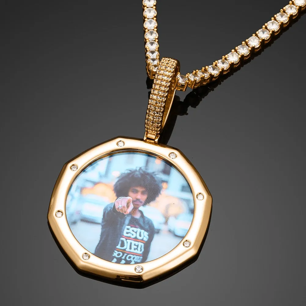 18K Plated Gold Pendant Custom Photo Medallion Necklace With 8 Micro Nano Stone