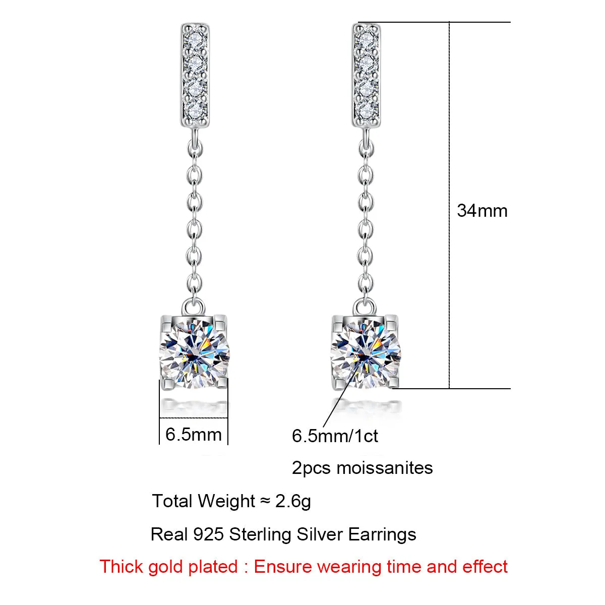 2.0CTTW D Color Moissanite Earrings 18K White Gold Plated CharmEarrings