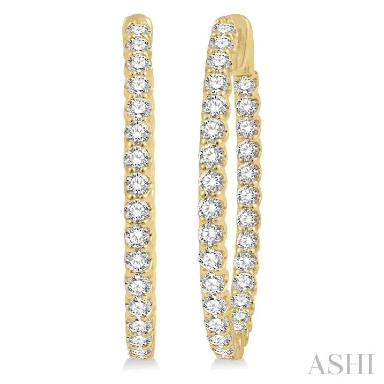 3 Ctw Round Cut Diamond In-Out Oval Shape Hoop Earrings in 14K Yellow Gold