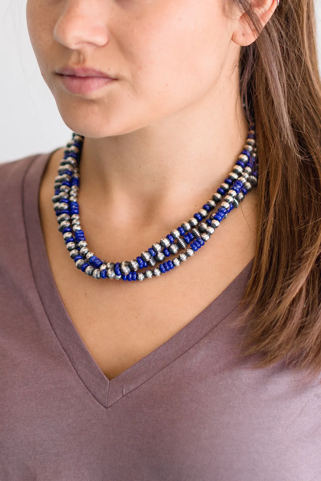 3 Strand Textured Navajo Pearls - Lapis (18" - 22")