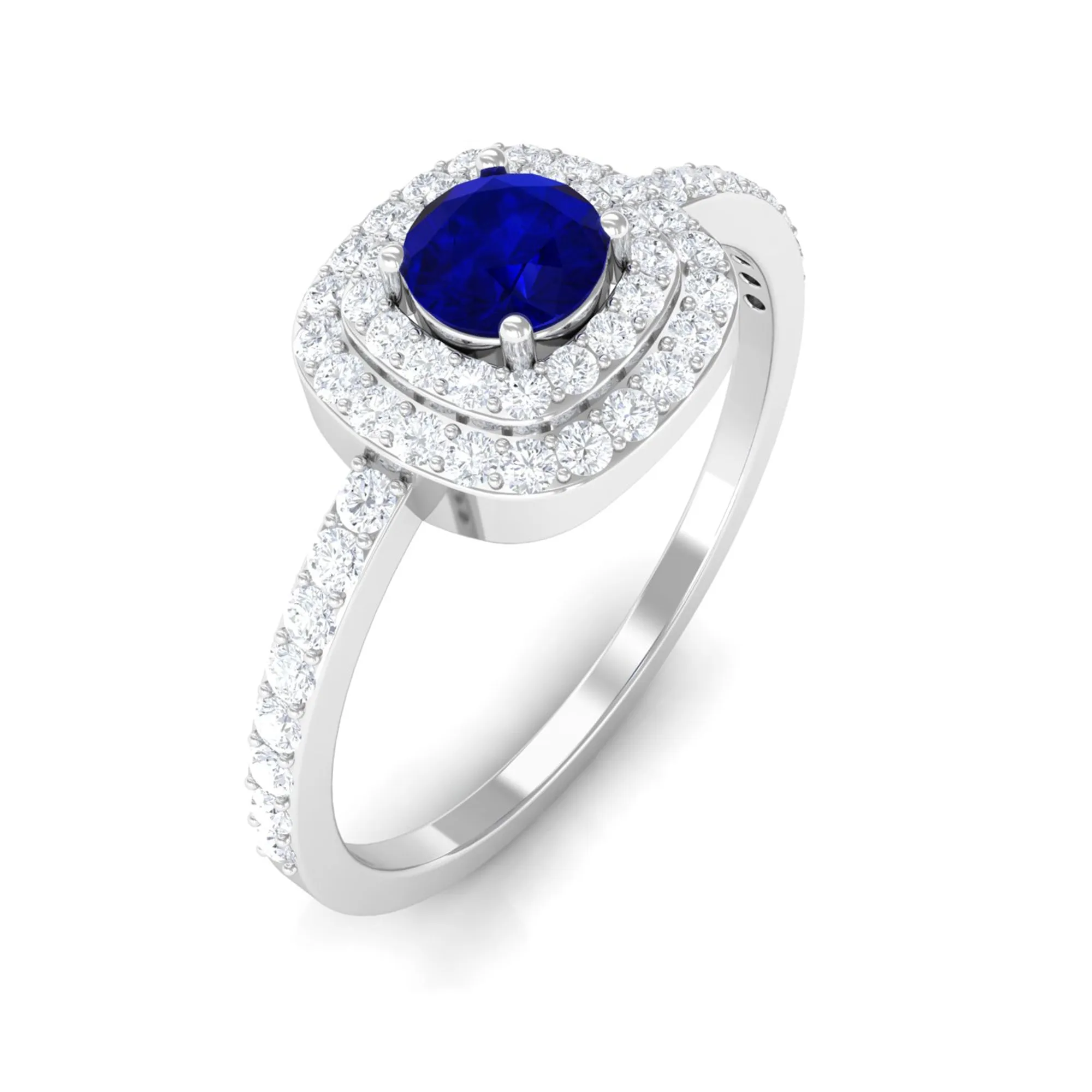 3/4 CT Classic Blue Sapphire Double Halo Engagement Ring with Diamond